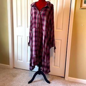 Capsule black red and white plaid high low dress with long sleeves that tie.